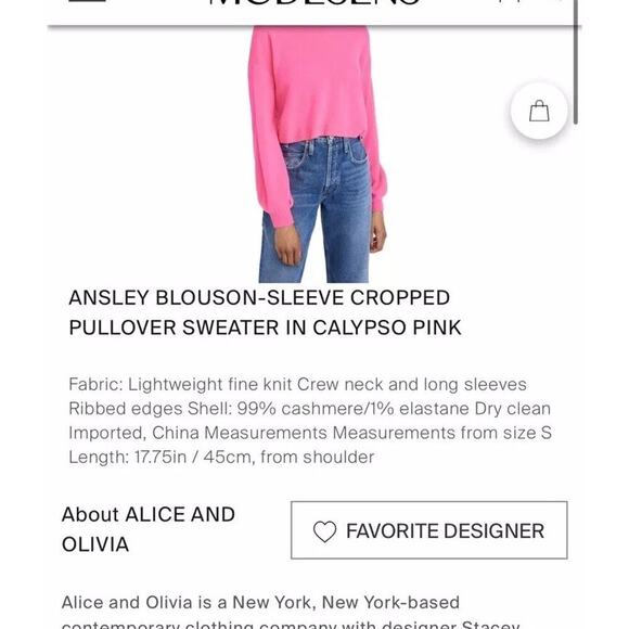 Alice+Olivia Bright Pink Cashmere Cropped Pullover Sweater S Balloon Sleeve $350 - Picture 5 of 6